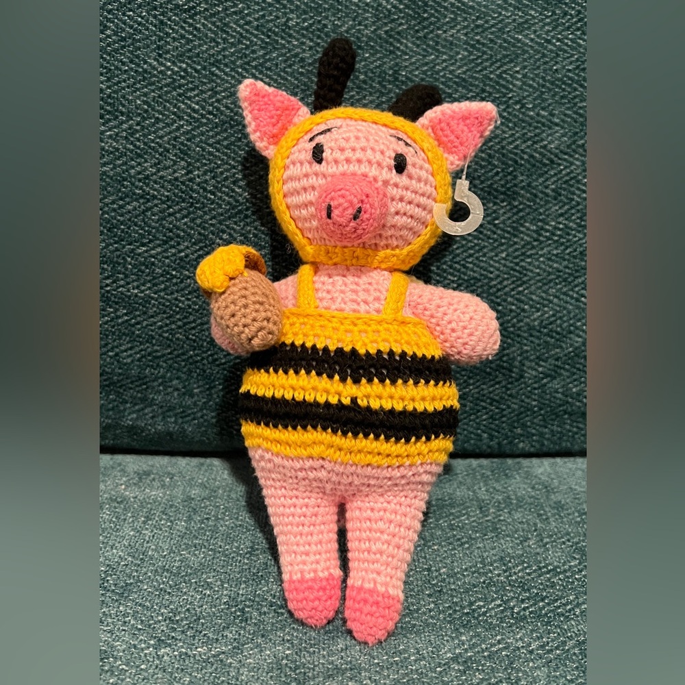 BJORN’s Colorado Honey Wuaman Pig Buddy. Handmade Pig in Bee Outfit crochet